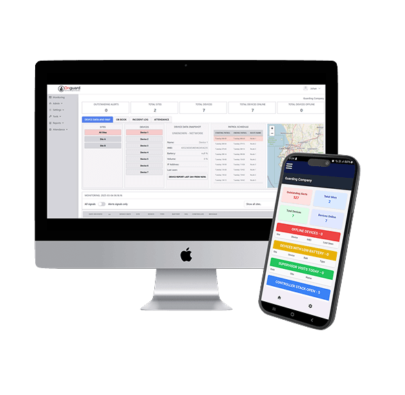 Onguard security management software dashboard showing real-time guard monitoring, patrol scheduling, and incident tracking